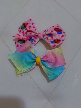 Cute Kids Hair Bow Duo - Pink Cupcake Hearts & Rainbow Star Gradient